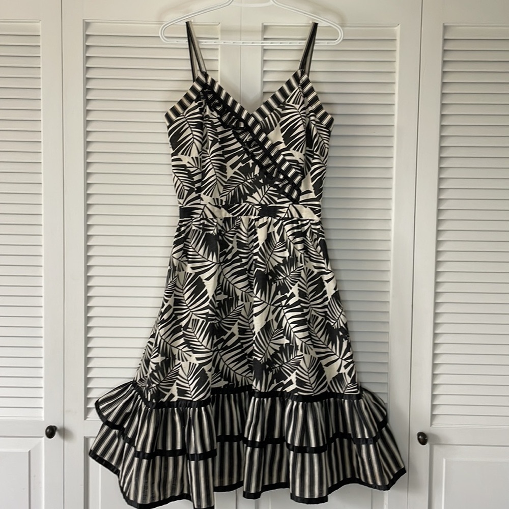 Vintage Tropical 1940’s Linen Black & White Stripe Palm Ruffle Dress